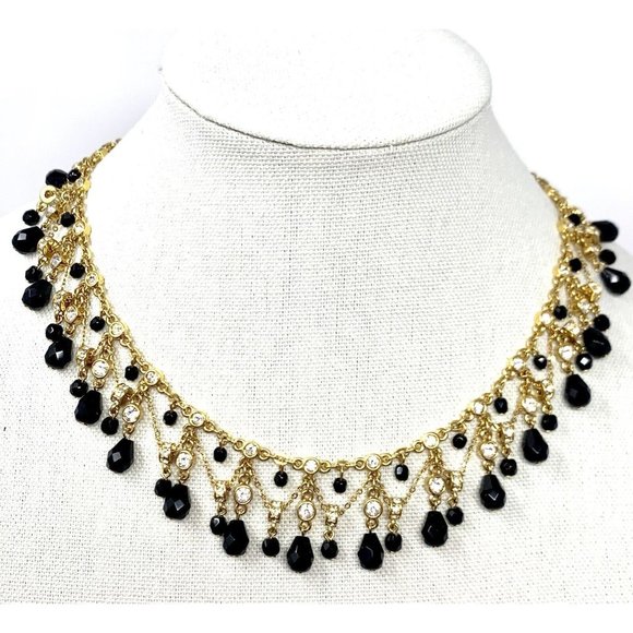 Monet Jewelry - Vintage Monet Jet Black And Crystal Rhinestone Choker Necklace Gold Tone 17”